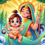 एक प्रसन्नचित्त शिशु हनुमान अपनी माता अंजना की गोद में बैठे हैं। नीली साड़ी और सुनहरे आभूषण पहने अंजना एक त्रिशूल लिए हुए हैं, जिसके पीछे सूर्य की किरणें और हरे-भरे पेड़ हैं, जो सकारात्मकता और सफलता की ऊर्जा बिखेर रहे हैं।.