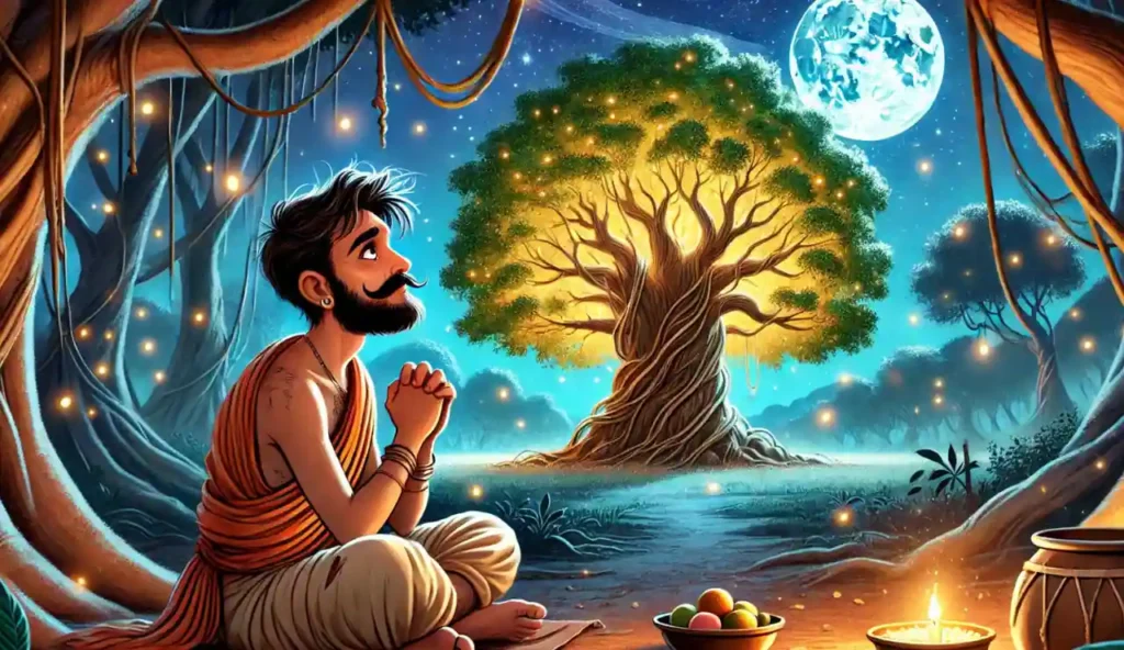 पारंपरिक वेशभूषा में एक व्यक्ति तारों से जगमगाते आकाश के नीचे पालथी मारकर प्रार्थना कर रहा है। पास ही, पूर्णिमा के चाँद के नीचे एक चमकता हुआ रहस्यमयी पेड़ चमक रहा है और वह सफला एकादशी व्रत कथा सुन रहा है। उसके बगल में ज़मीन पर फलों से भरा एक कटोरा रखा है।.