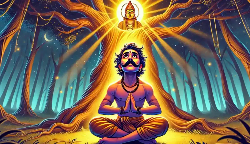 एक व्यक्ति रात में जंगल में एक चमकते हुए पेड़ के नीचे पालथी मारकर बैठा है और प्रार्थना कर रहा है, जबकि उसके ऊपर एक दिव्य आकृति से आ रही दीप्तिमान किरणें सफला एकादशी व्रत कथा के आध्यात्मिक सार को जागृत करती हैं, जो ज्ञान और गहन आध्यात्मिक संबंध का प्रतीक है।.
